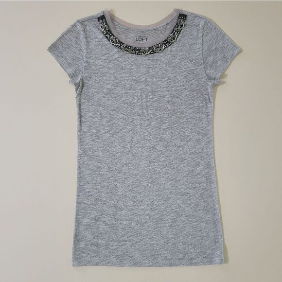 Loft Ann Taylor Gray Beaded Roundneck Short Sleeve Pullover Top - Picture 2 of 11
